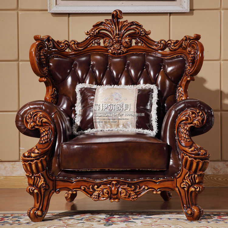 欧式真皮沙发奢华实木雕花进口头层牛皮美式古典做旧原木皮艺家具
