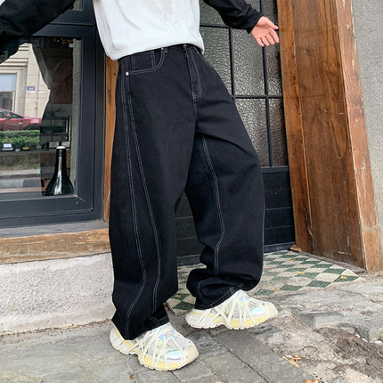 7号仓库昱本男装巴黎风美式复古弯刀裤牛仔裤男款宽松阔腿长裤