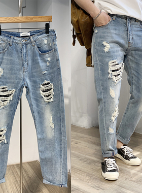 7号仓库昱本SU-DIAO带铆钉个性破洞牛仔浅蓝色潮乞丐补丁夏季长裤