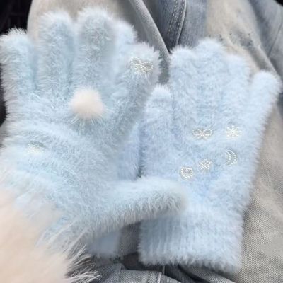 爆款星星毛球手套初雪冬季水貂毛学生可爱保暖分指骑行防寒加厚女