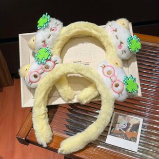 新款奶黄色发箍卡通可爱猫咪毛绒洗脸压秋冬款百搭毛茸茸头箍发饰