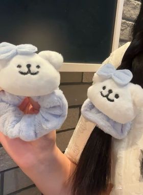 线条小狗蓝色蝴蝶结秋冬毛绒大肠发圈日韩少女扎头皮筋马尾发绳~