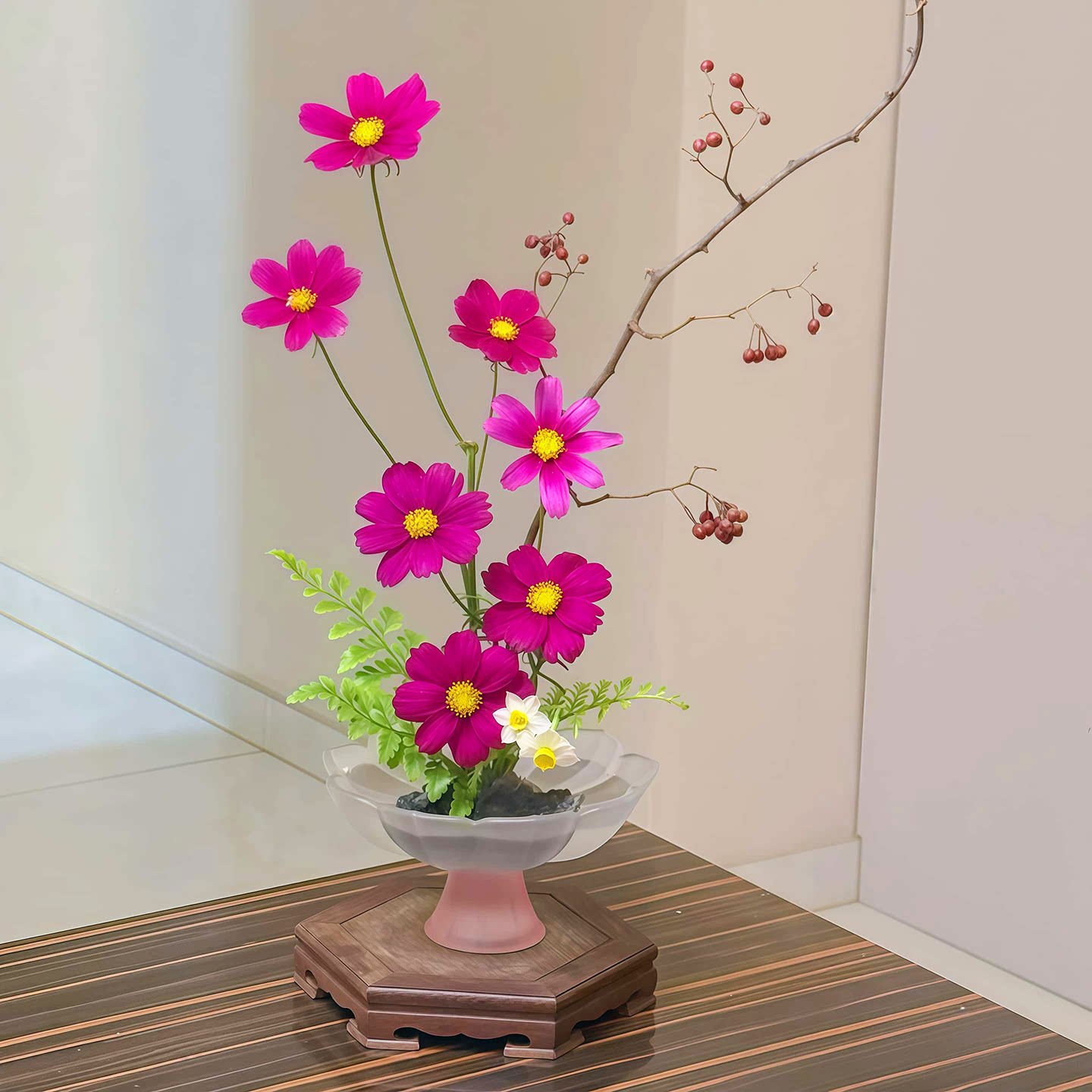 插琉璃花盆高足摆件精致花瓶感颜值国风中式客厅高级莲花器玻璃花