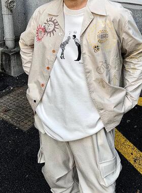 高级感小众！Rise春游图案涂鸦印花刺绣男女情侣外穿长袖衬衫ins