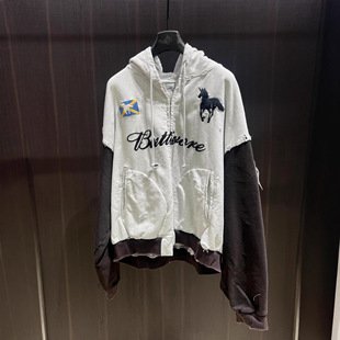 Grailz LEARL PROJECT G/R !25FW做旧拼色战马刺绣拉链连帽卫衣