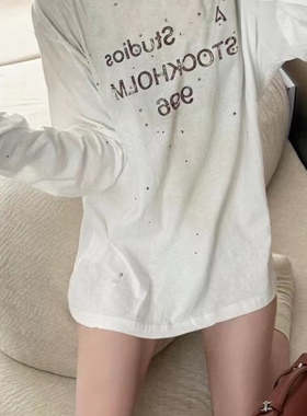 AC风格！1996烫钻字母做旧长袖T恤男女宽松休闲百搭上衣女春夏款