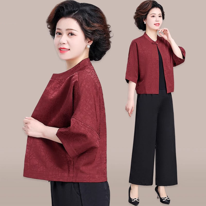 新中式妈妈春装套装2025新款中老年女春夏外套贵夫人国风提花上衣