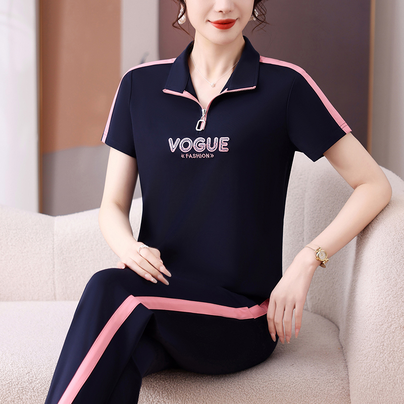 时尚休闲运动套装女2025夏季新款洋气减龄短袖长裤两件套显瘦大码