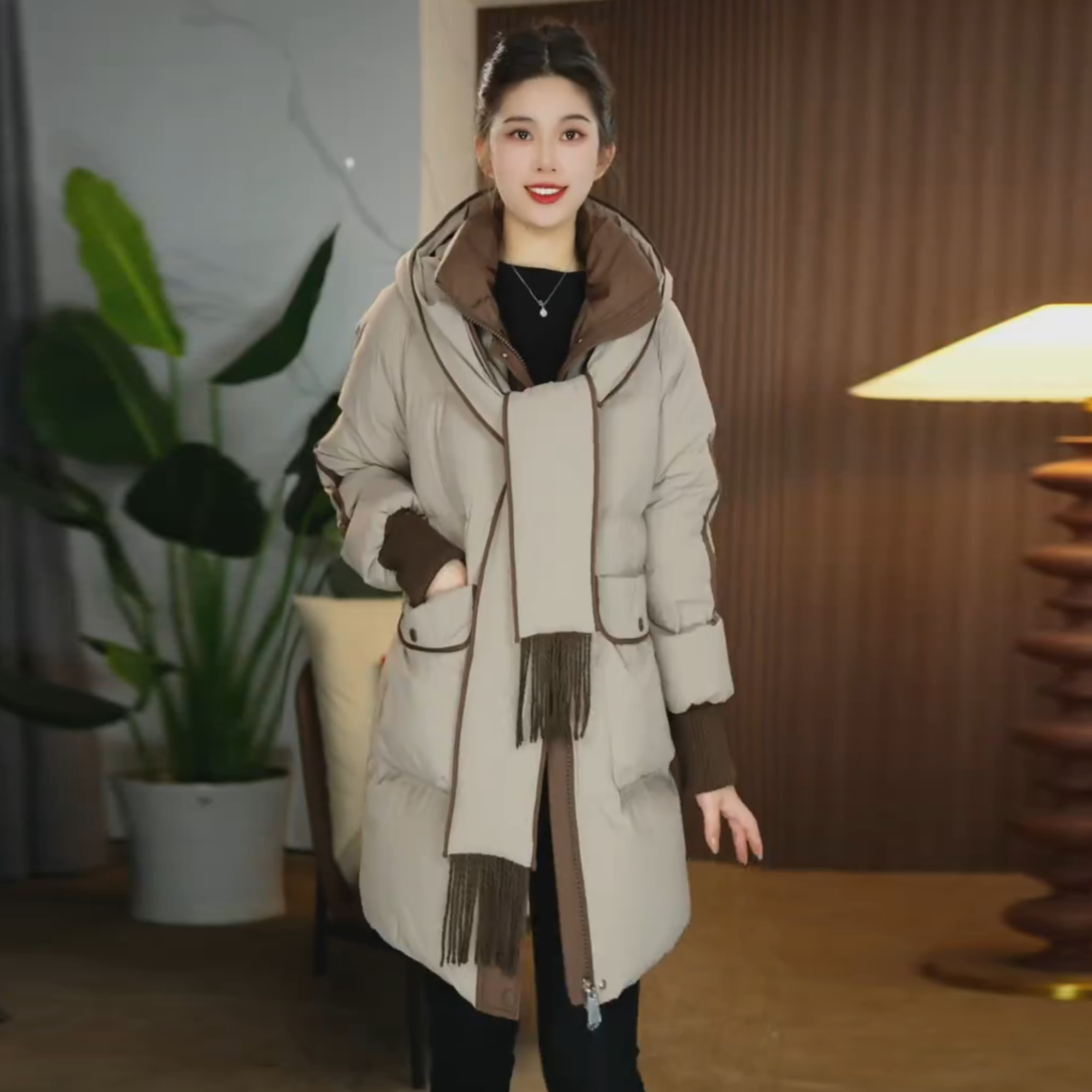 D8157冬季设计感围巾连帽新款优雅百搭白鸭绒羽绒服女