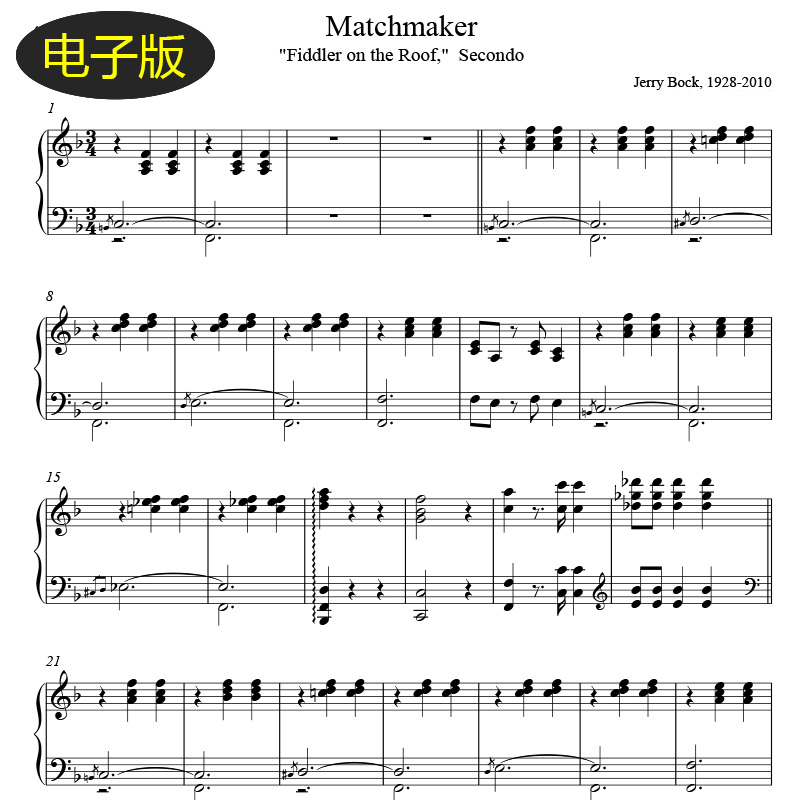Fiddler on the Roof屋顶上的提琴手Matchmaker四手联弹钢琴谱