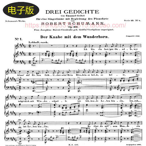 德国大熊版 舒曼3首歌曲Gedichte Op.30声乐谱钢琴伴奏谱古典乐谱