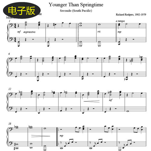 高清乐谱 南太平洋Younger Than Springtime钢琴四手联弹 f425