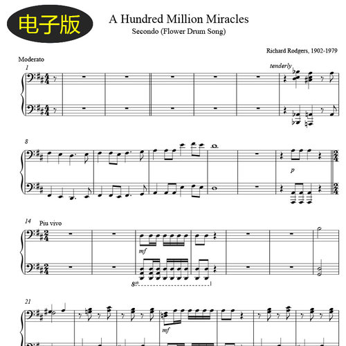 高清A Hundred Million Miracles花鼓歌 钢琴谱 四手联弹谱 f385