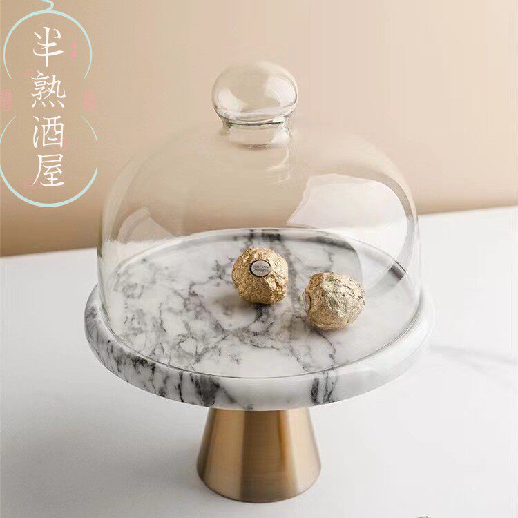 下午茶客厅大理石蛋糕托盘摆件家用水果酒店点心盘透明罩面包摆件