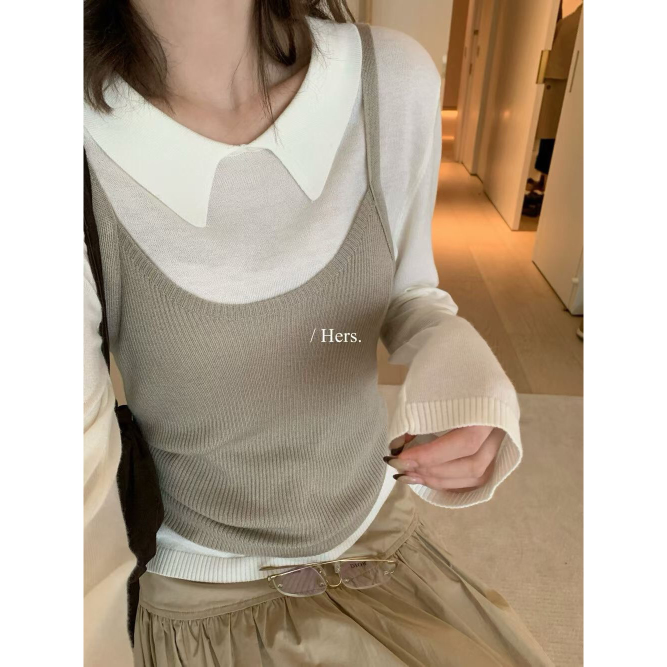 早秋2026新款韩系复古叠穿针织衫吊带女polo领长袖上衣两件套装女