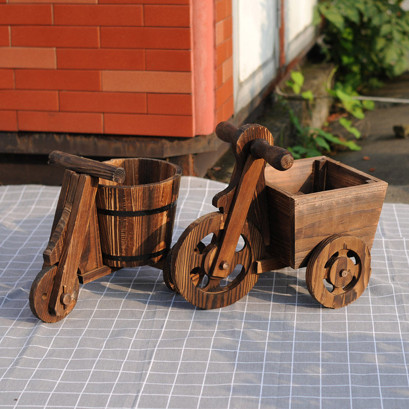 花车花盆 实木三轮车花架防腐木质车轮花盆庭院阳台户外花园装饰