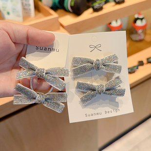 韩版可爱年会发夹儿童银色细闪蝴蝶结鸭嘴夹宝宝亮片发圈发饰夹子