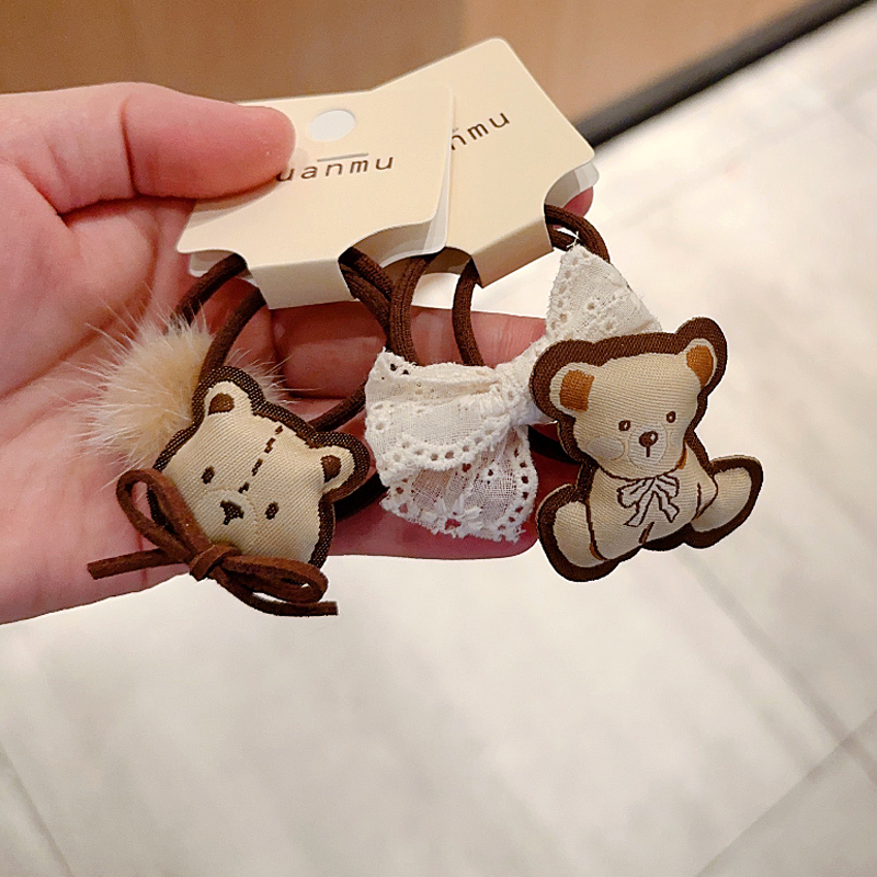 可爱咖色小熊蝴蝶结发绳女童毛绒球球扎发小皮筋不伤发弹性好头绳