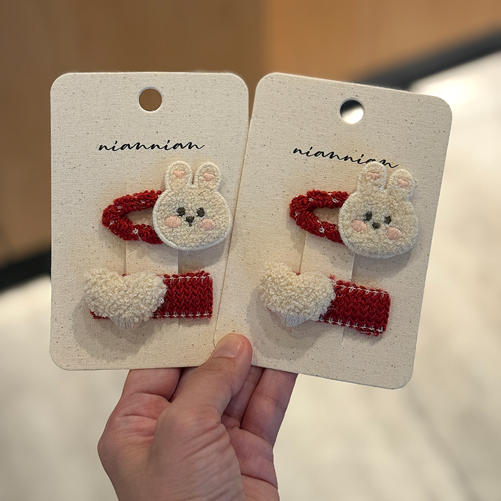 niannian念念儿童韩系秋冬针织爱心发夹新年红色卡通小兔发饰发卡