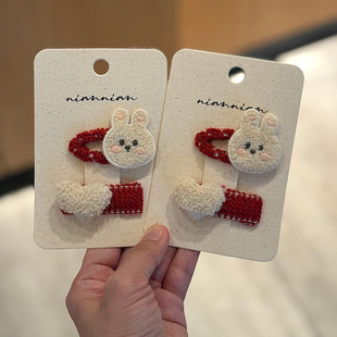 niannian念念儿童韩系秋冬针织爱心发夹新年红色卡通小兔发饰发卡
