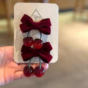 复古丝绒蝴蝶结对夹儿童樱桃发夹可爱侧边夹压夹新年发卡红色发饰
