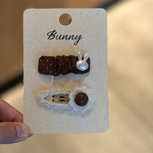 韩系儿童布艺发夹可爱小兔宝宝头饰女童咖色系夹子刘海碎发卡边夹