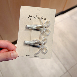 女童银色蝴蝶结bb夹珍珠发夹刘海碎发侧边夹儿童发卡宝宝皮筋发圈