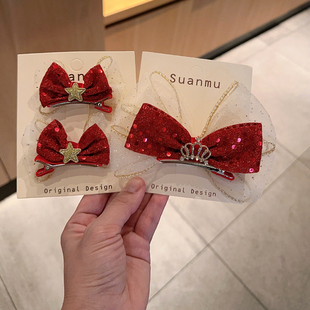 新年过年女童蝴蝶结头饰红色发夹顶夹儿童纱皇冠发饰公主对夹头花