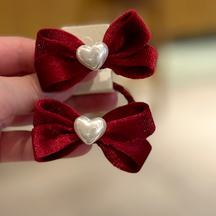 儿童珍珠蝴蝶结女孩扎马尾丸子头皮圈不伤发高弹新年红色发绳发夹