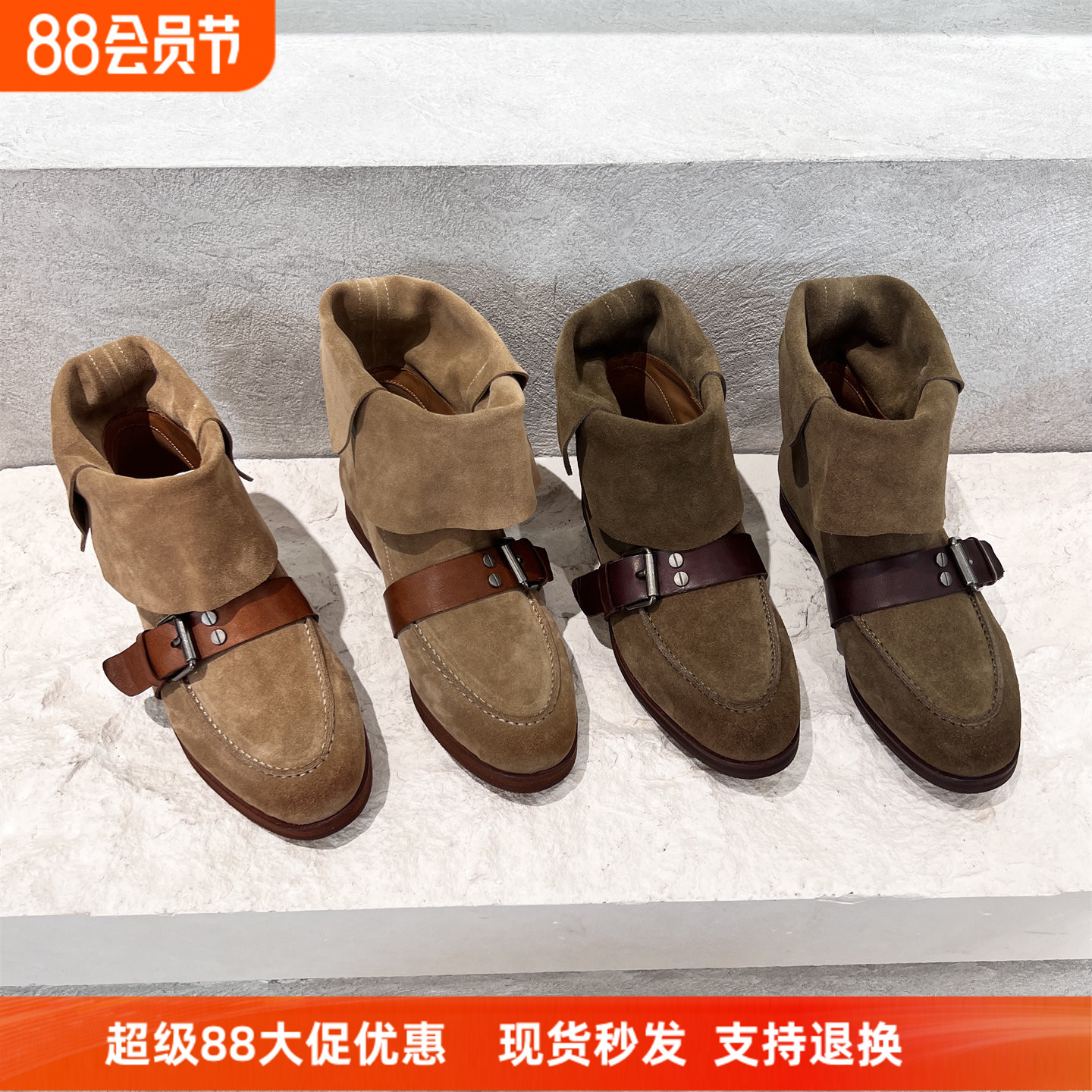 欧货真皮磨砂复古皮带扣西部短靴