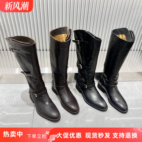 欧洲站真皮粗跟套筒高筒骑士靴潮