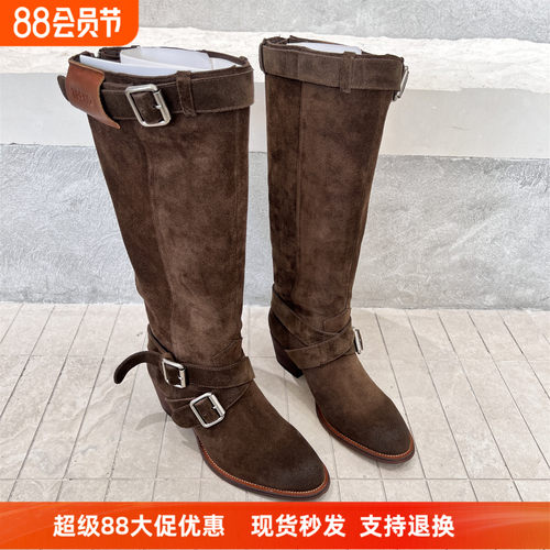 欧货真皮磨砂粗跟皮带扣骑士靴女