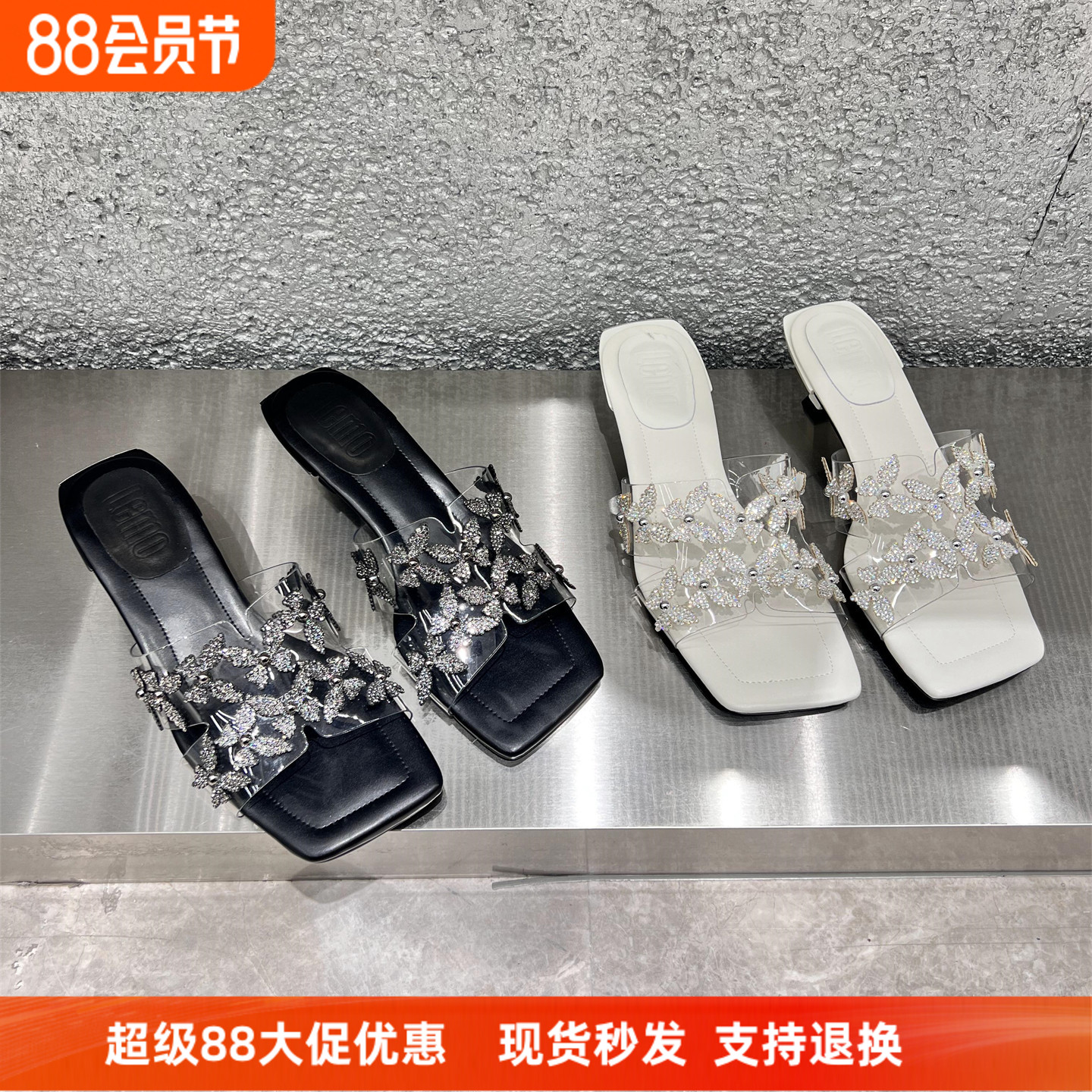 乐魔胶片烫钻蝴蝶结高跟一字拖鞋