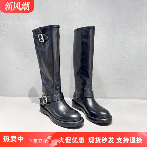 先锋名典真皮套筒粗跟骑士靴长靴