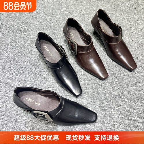 欧货真皮方头粗跟金属扣高跟鞋女