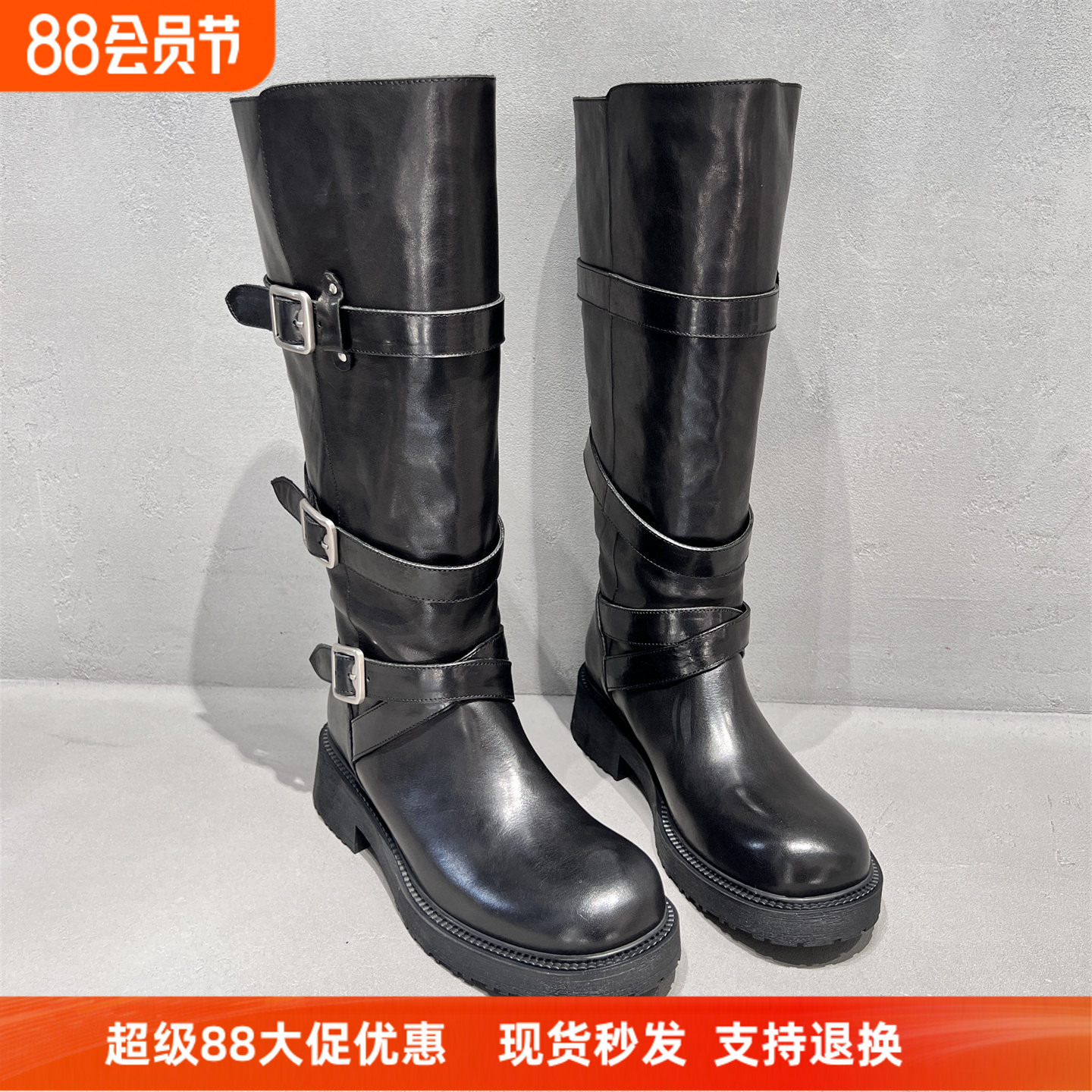 先锋名典欧货圆头皮带高筒骑士靴