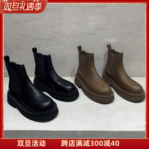 欧洲站女靴2023秋冬新款欧货真皮圆头厚底套筒复古百搭短靴马丁靴
