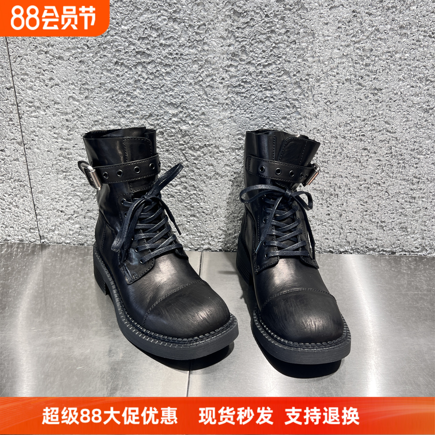 乐魔真皮英伦系带粗跟马丁靴短靴