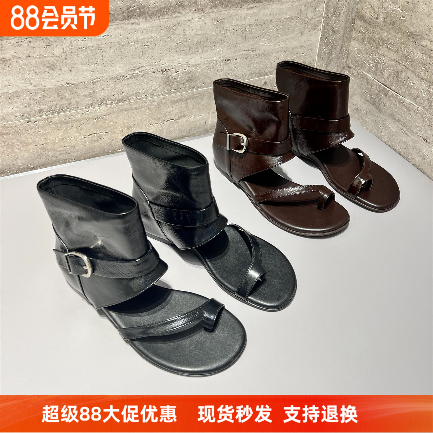 欧货真皮套趾内增高百搭凉靴短靴