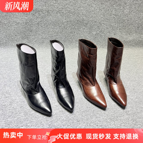 欧货真皮尖头粗跟套筒断底马丁靴