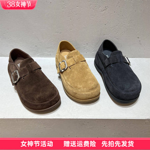 乐魔欧洲站女鞋2025秋新款真皮磨砂扣带勃肯鞋厚底增高时尚单鞋潮