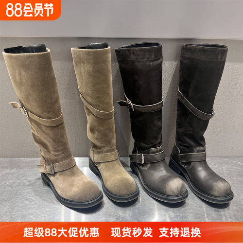欧洲站真皮做旧皮带扣高筒骑士靴