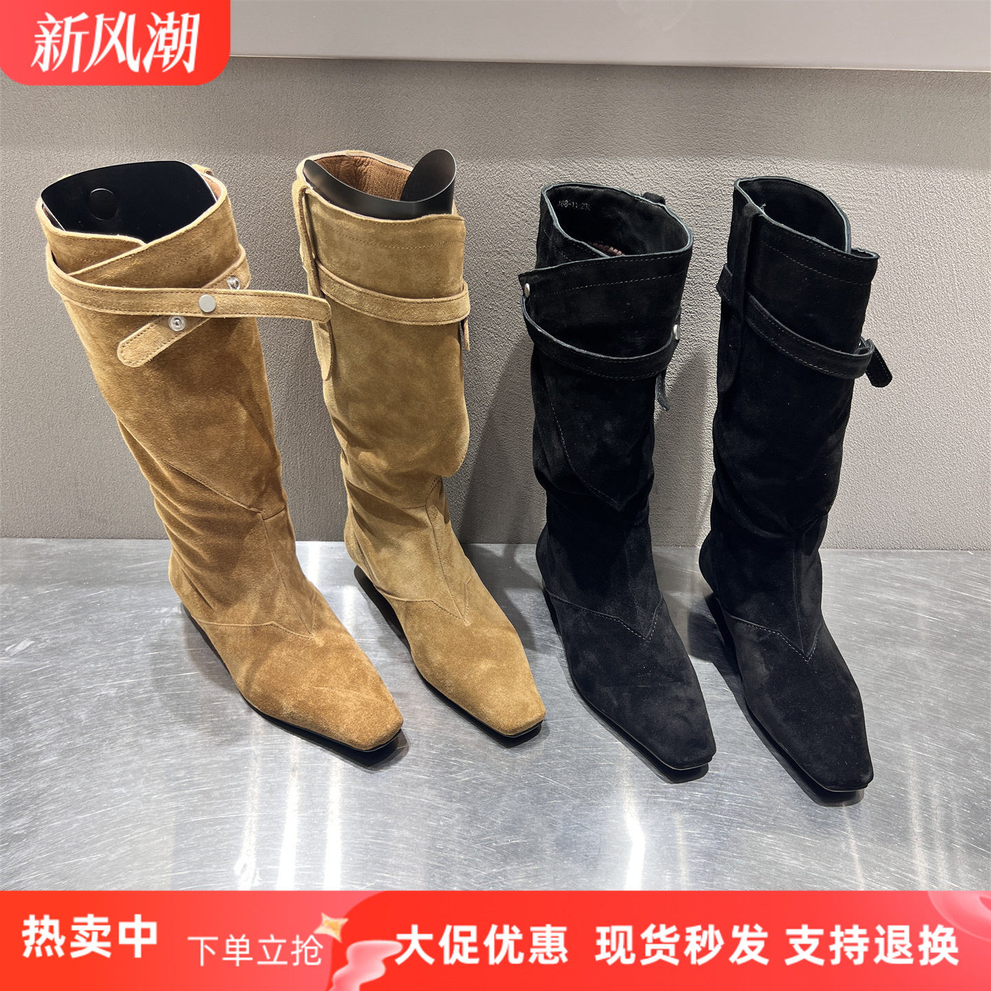 欧货真皮磨砂平底显瘦高筒靴长靴
