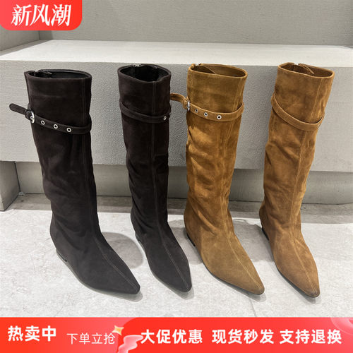 欧洲站真皮尖头粗跟高筒靴马丁靴