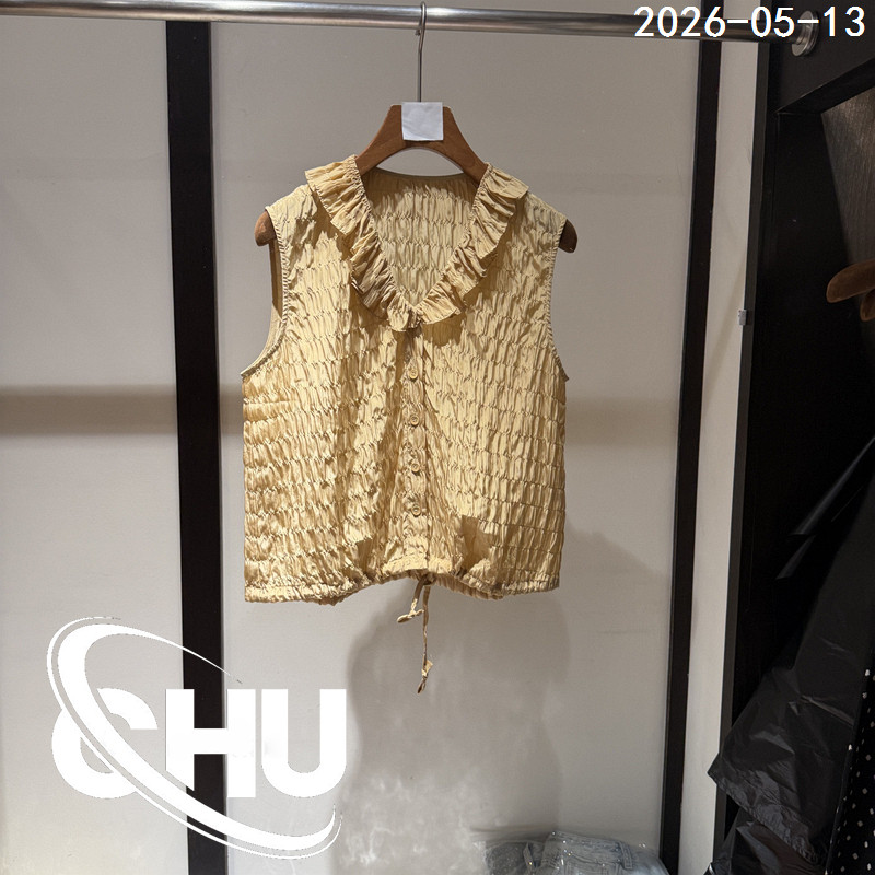 欧洲站2026夏季新款荷叶边V领无袖开衫马甲女褶皱真丝上衣26255
