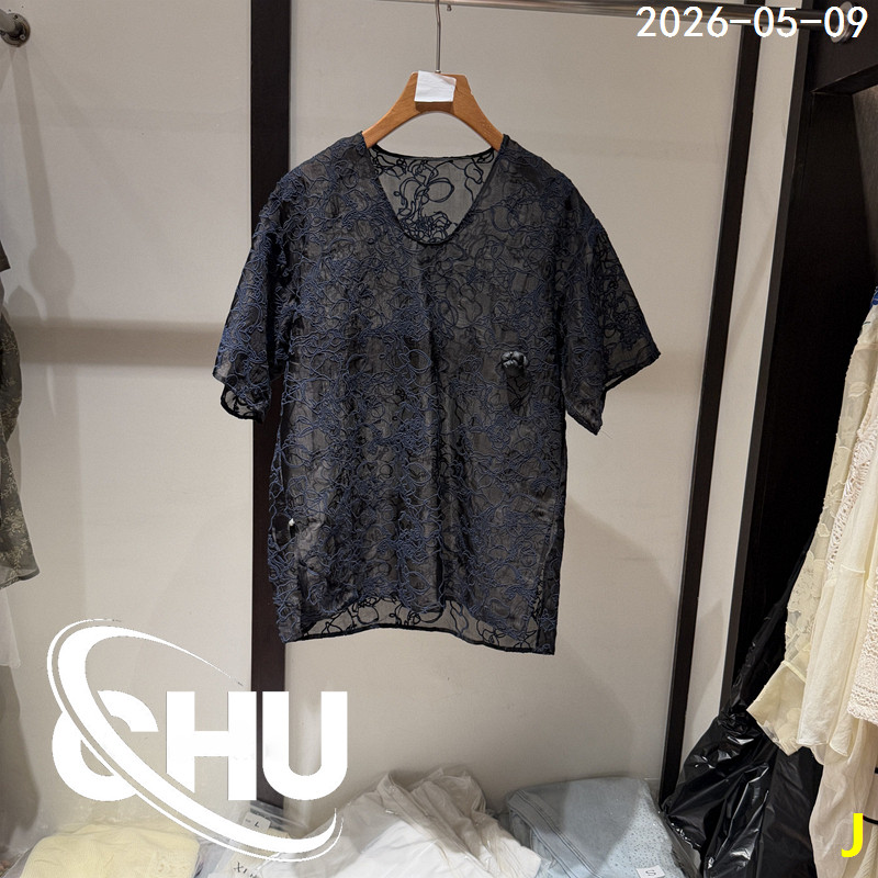 欧洲站2026夏季新款胸针装饰刺绣V领短袖T恤女真丝上衣269060
