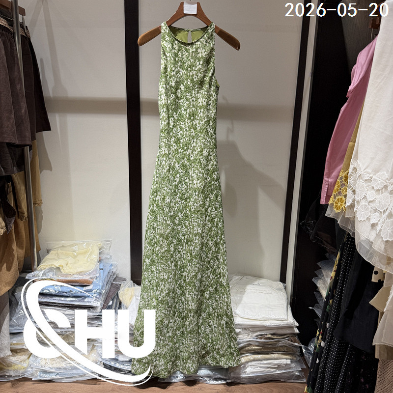 欧洲站2026夏季新款度假风苎麻碎花背心连衣裙女修身显瘦长裙2186