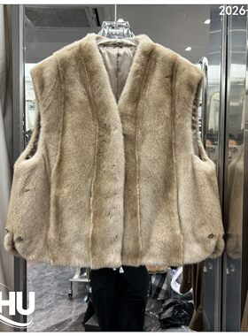 欧洲站2026冬季新款轻奢风V领水貂皮草马甲女短款坎肩背心9837