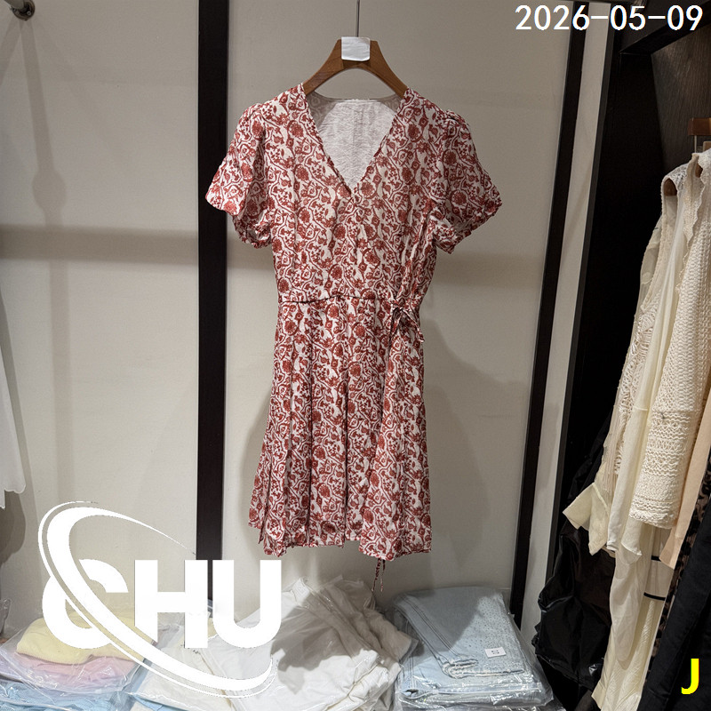 欧洲站2026夏季新款V领斜襟系带印花泡泡短袖苎麻连衣裙女1308