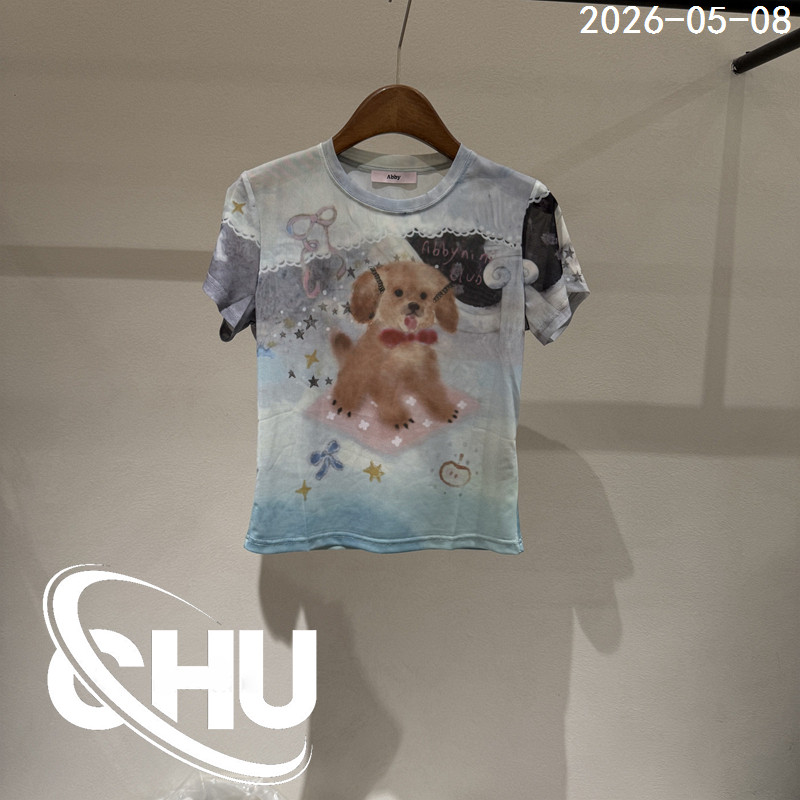 欧洲站2026夏季新款时尚卡通童趣小狗印花网纱短袖T恤女修身上衣